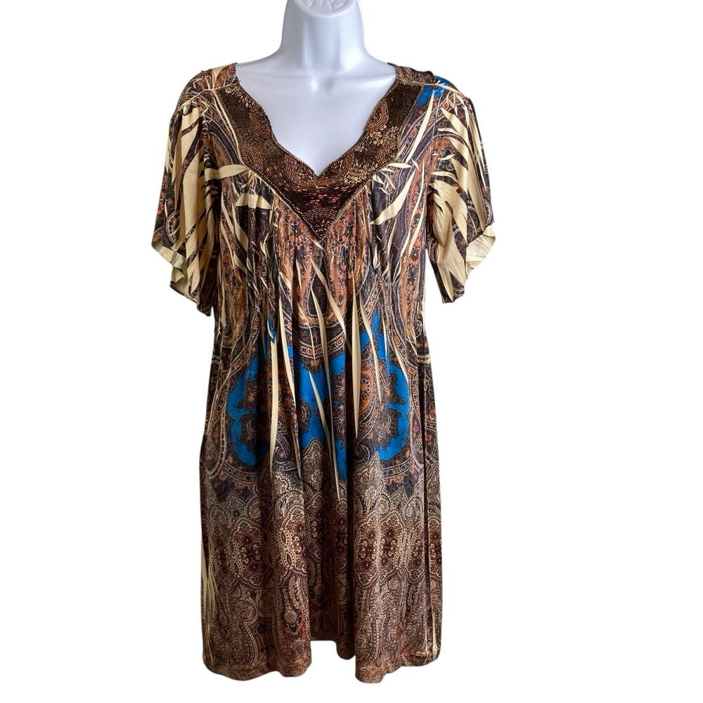 Boston Proper Women's Brown Beaded Mini Dress Size S Regal Print Old Money Boho